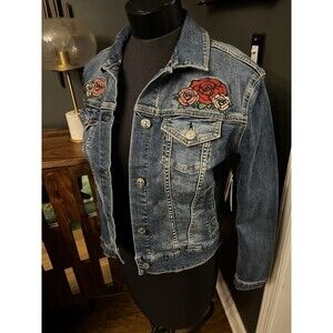 Lularoe Denim Stretch Jean Jacket Rose Embroidery Festival Concert Women Size S